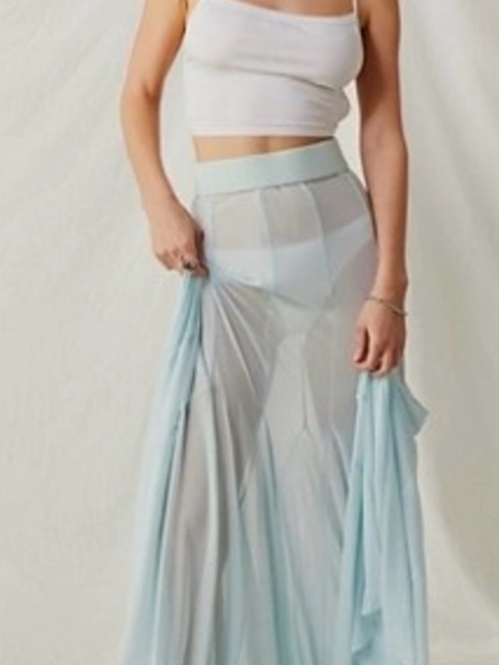 Free People Designer Chic Long Sheer Maxi Skirt in Light Blue NWOT Sz XL